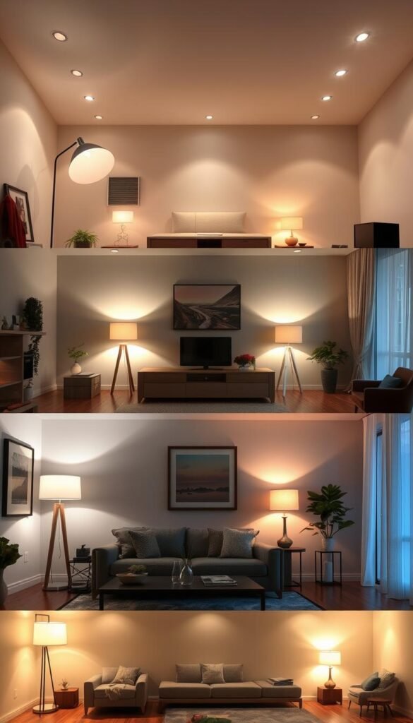 A cozy yet functional living room with diverse lighting setups for various room sizes.