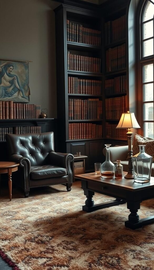 A cozy yet sophisticated dark academia living room with a vintage leather armchair, a wooden side table, and a floor lamp casting a warm glow.