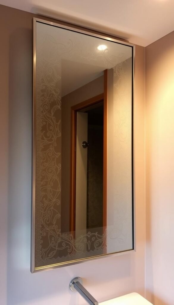 A custom bathroom mirror with an intricate etched glass design, suspended against a warm, inviting backdrop.