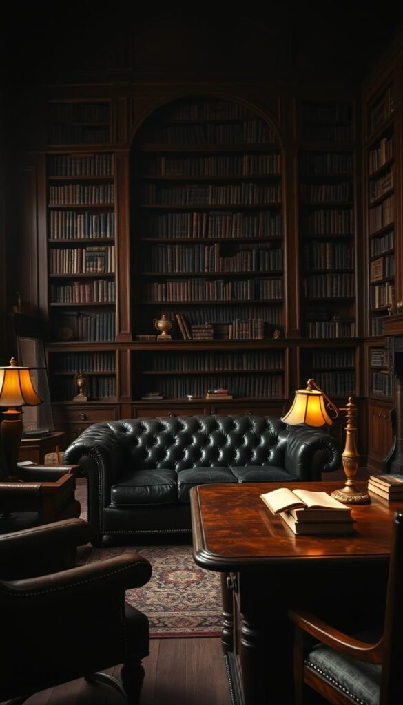 A dark, mahogany-toned chesterfield sofa, its aged leather exuding an air of erudition, takes center stage in a dimly lit, wood-paneled living room.