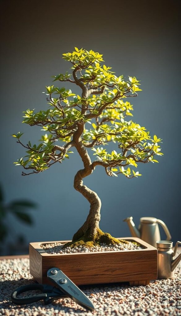 A delicate bonsai tree stands in the foreground, its intricate branches and miniature leaves meticulously sculpted. The tree is illuminated by soft, natural lighting, casting gentle shadows on the wooden pot and surrounding gravel. In the middle ground, a pair of pruning shears and a small watering can rest nearby, suggesting the care and attention required to maintain this living work of art. The background is blurred, allowing the viewer to focus on the tranquil, zen-like atmosphere of the bonsai display. The image conveys the importance of understanding common bonsai care mistakes to ensure the longevity and health of these captivating miniature trees.