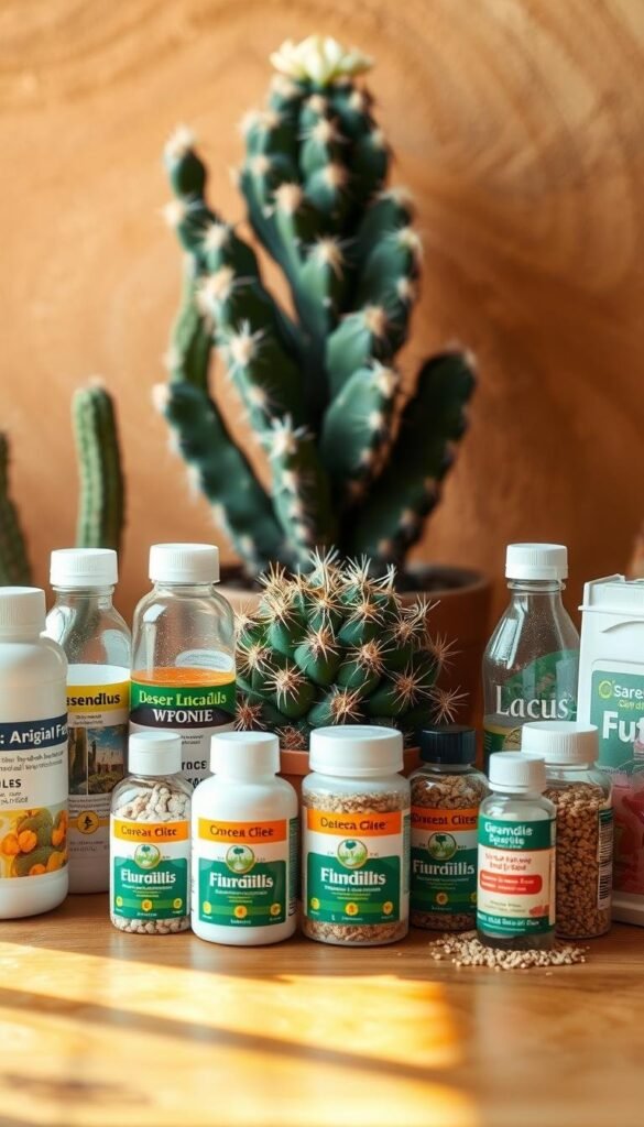 A desert cactus fertilizer guide displayed on a well-lit wooden table. In the foreground, various fertilizer bottles and containers are neatly arranged, showcasing different formulations and granules. The middle ground features a lush, vibrant cactus, its intricate patterns and spines capturing the viewer's attention. The background is a warm, earthy tone, evoking the arid desert landscape. The lighting is soft and natural, creating a harmonious and informative scene that highlights the essential elements of cactus care and feeding.