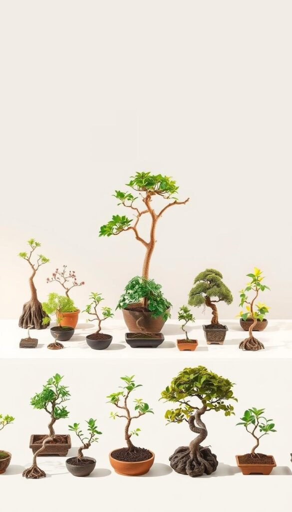 A detailed botanical illustration showcasing a beginner's guide to selecting bonsai trees. In the foreground, a collection of young bonsai specimens in various shapes and sizes, each with unique root structures and foliage. In the middle ground, a clean, minimalist table or surface displays the bonsai specimens against a serene, neutral backdrop. Soft, natural lighting illuminates the scene, creating a tranquil, zen-like atmosphere. The overall composition emphasizes the delicate balance, intricate details, and the potential of these small, resilient trees, inviting the viewer to appreciate the art of bonsai cultivation.