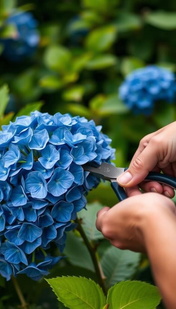 A detailed close-up shot of a person's hands carefully pruning a vibrant blue hydrangea bush, showcasing the proper pruning techniques. The lighting is soft and natural, with a blurred green foliage background that emphasizes the subject. The person's face is not visible, allowing the focus to remain on the intricate pruning process. The overall mood is one of attentive care and expertise, highlighting the importance of correct hydrangea maintenance.