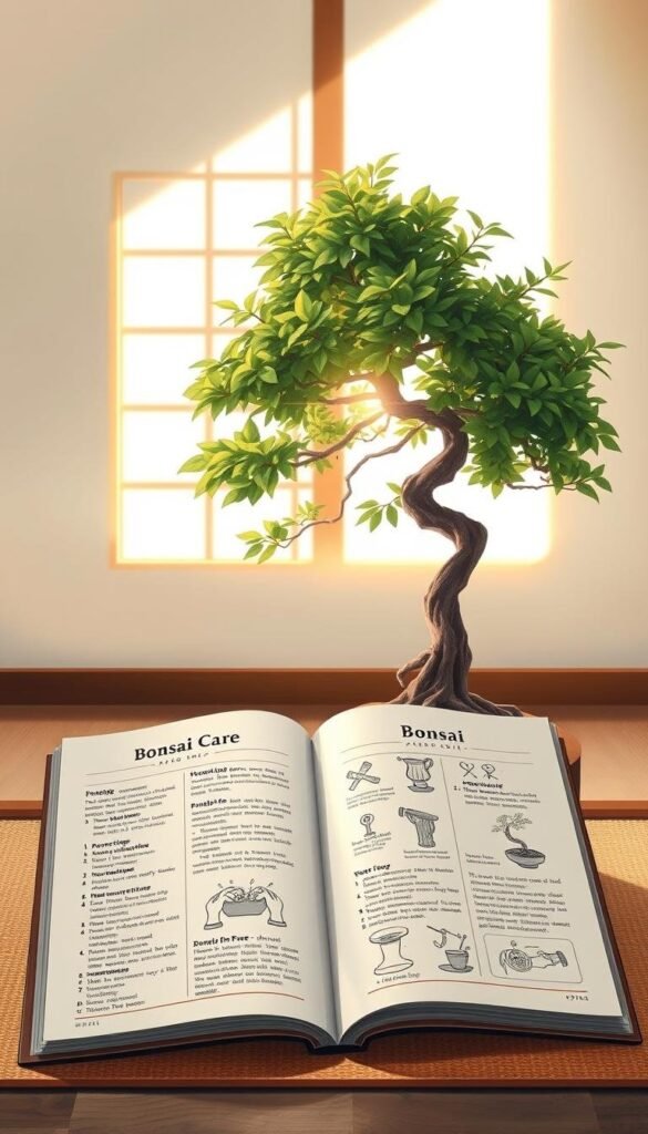 A detailed, high-resolution digital painting of a bonsai tree care guide. In the foreground, a carefully styled bonsai plant with lush green foliage and intricate branch structure. The bonsai is situated on a simple wooden pedestal, backlit by warm, natural sunlight filtering through a window. In the middle ground, an open book displays step-by-step instructions and illustrations for bonsai care, including pruning, watering, and repotting techniques. The background is a serene, minimalist Japanese-inspired setting, with soft, muted colors and clean lines accentuating the tranquility of the scene. The lighting is soft and diffused, creating a calming, contemplative atmosphere perfect for studying the art of bonsai cultivation.