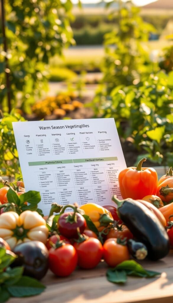 A detailed planting guide for warm-season vegetables, illuminated by soft, golden sunlight. In the foreground, various vegetables like tomatoes, peppers, and eggplants are meticulously arranged, their vibrant colors and textures inviting closer inspection. The middle ground features carefully labeled planting instructions and growth timelines, presented in a clean, informative layout. In the background, a lush garden setting with verdant foliage and a hint of a distant horizon, conveying the nurturing, seasonal atmosphere. The overall composition strikes a balance between educational clarity and aesthetic appeal, guiding the viewer through the process of successfully cultivating these bountiful warm-weather crops.