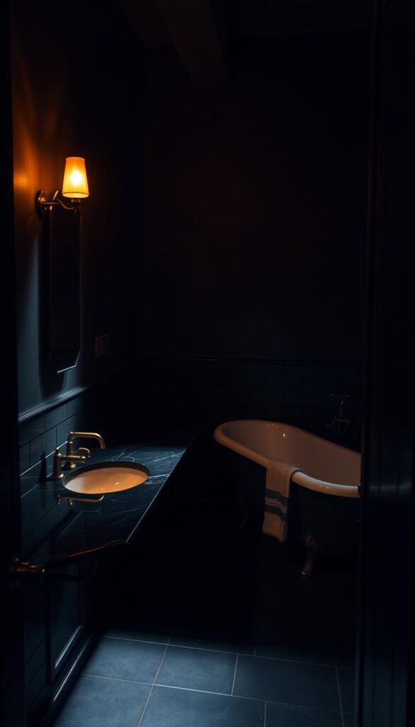 A dimly lit bathroom, the shadows dancing across the walls as a single sconce casts a warm, amber glow.
