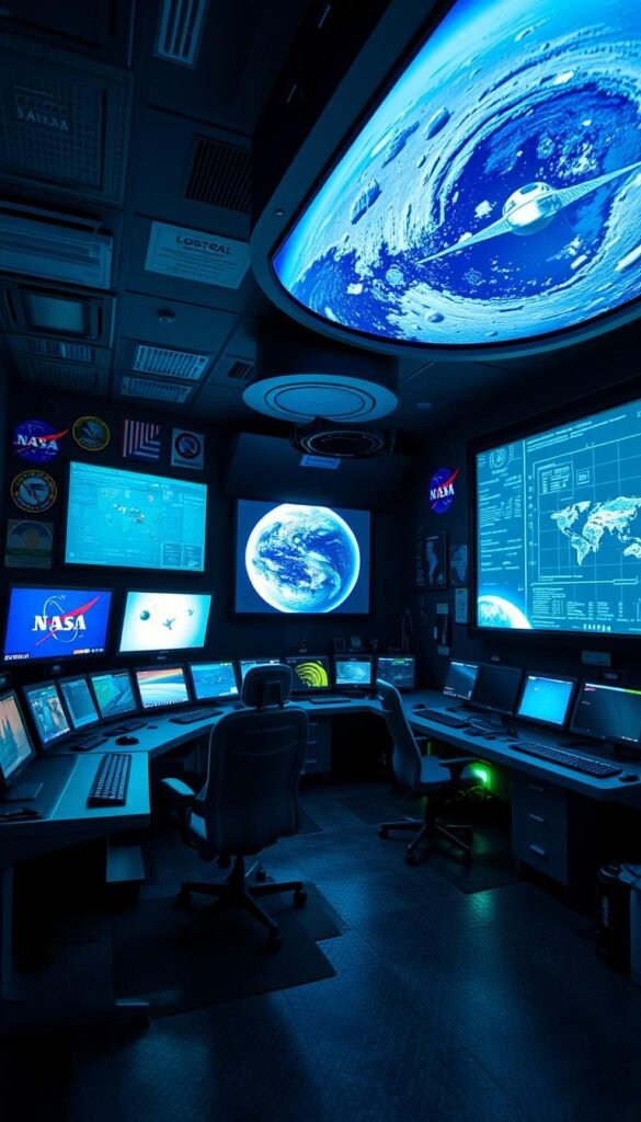 A dimly lit, high-tech NASA-inspired mission control room with banks of glowing computer screens, rows of sleek consoles, and a large projection screen displaying a live satellite feed. The room is bathed in a cool, blue-green glow from the displays, creating a sense of intensity and focus. The walls are adorned with vintage NASA posters, mission patches, and technical diagrams. Ergonomic chairs are positioned in front of the consoles, and the floor is covered in a black and white hexagonal pattern, reminiscent of a spacecraft's interior. The room exudes a sense of purpose, innovation, and the wonder of space exploration. A dimly lit, high-tech NASA-inspired mission control room with banks of glowing computer screens, rows of sleek consoles, and a large projection screen displaying a live satellite feed. The room is bathed in a cool, blue-green glow from the displays, creating a sense of intensity and focus. The walls are adorned with vintage NASA posters, mission patches, and technical diagrams. Ergonomic chairs are positioned in front of the consoles, and the floor is covered in a black and white hexagonal pattern, reminiscent of a spacecraft's interior. The room exudes a sense of purpose, innovation, and the wonder of space exploration.