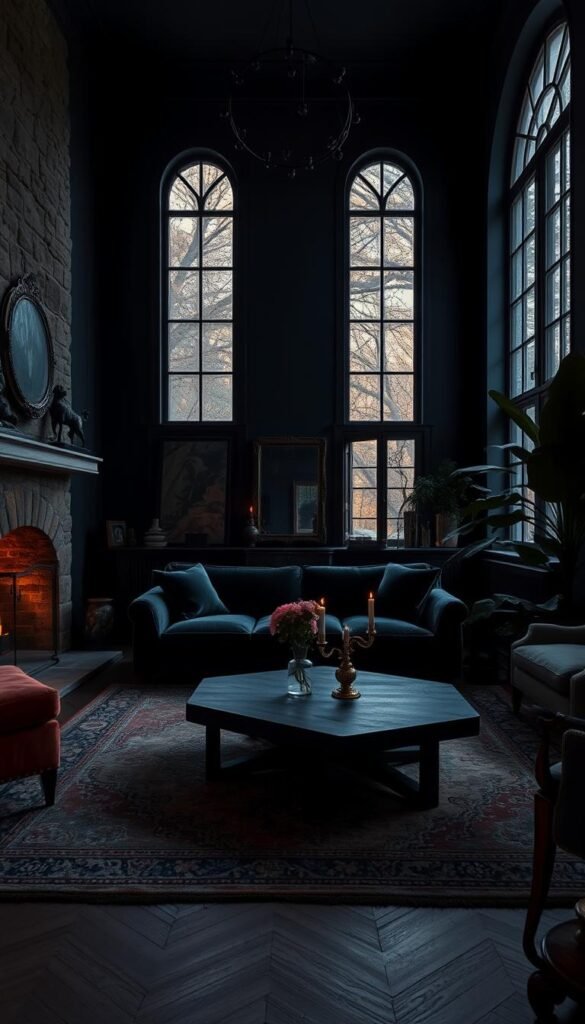 A dimly lit, intimate living room with moody, dramatic lighting.