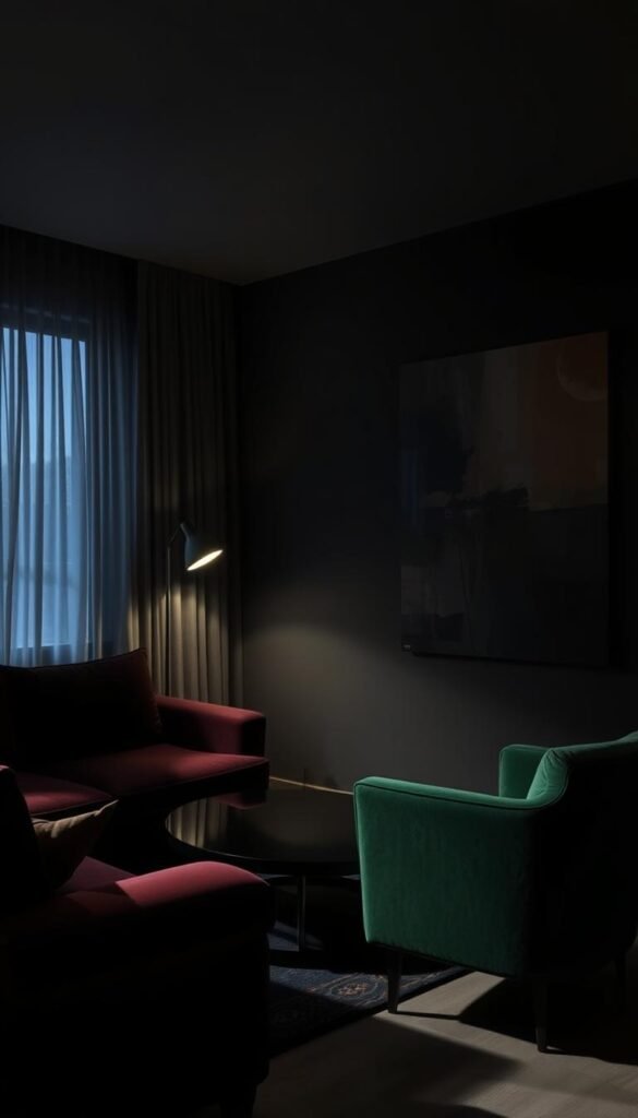 A dimly lit living room, soft shadows cast by a single floor lamp, creating a warm, intimate atmosphere.