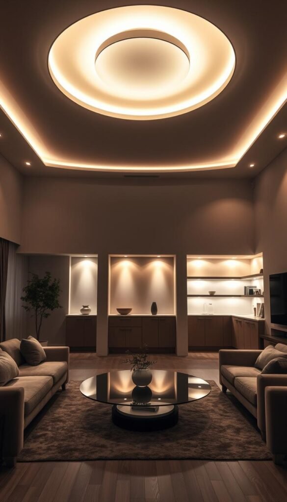 A dimly lit living room with a sleek, modern lighting system.