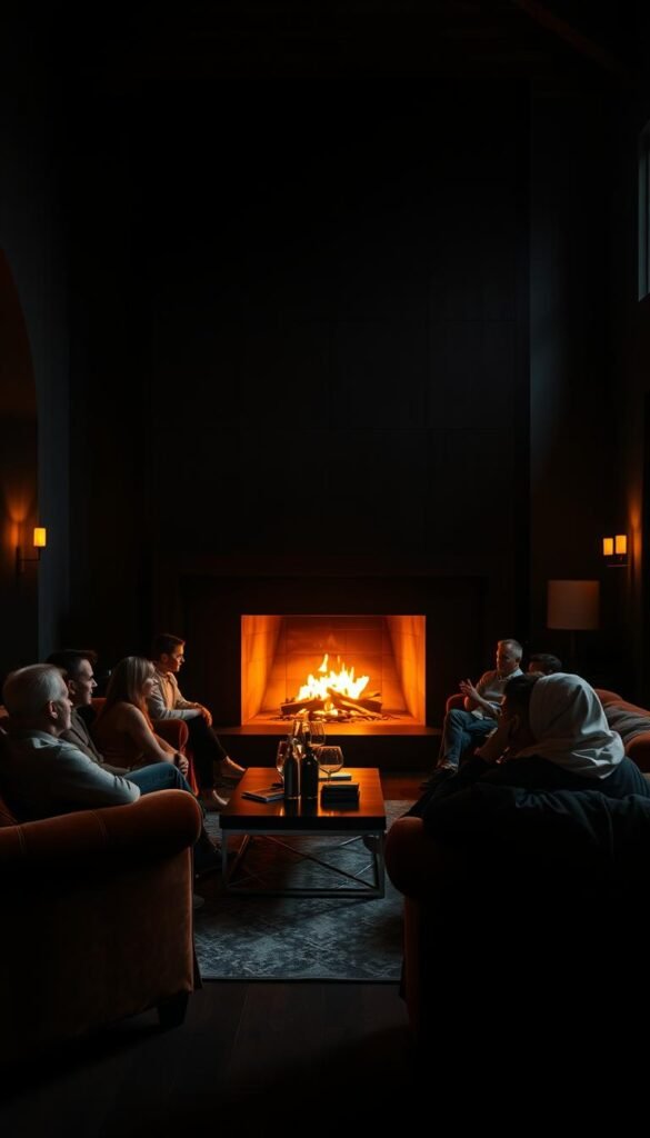 A dimly lit living room, with a warm glow emanating from a large fireplace in the background.