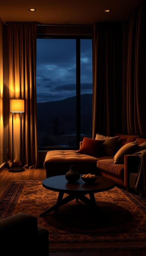 A dimly lit living room with a warm, intimate ambiance.