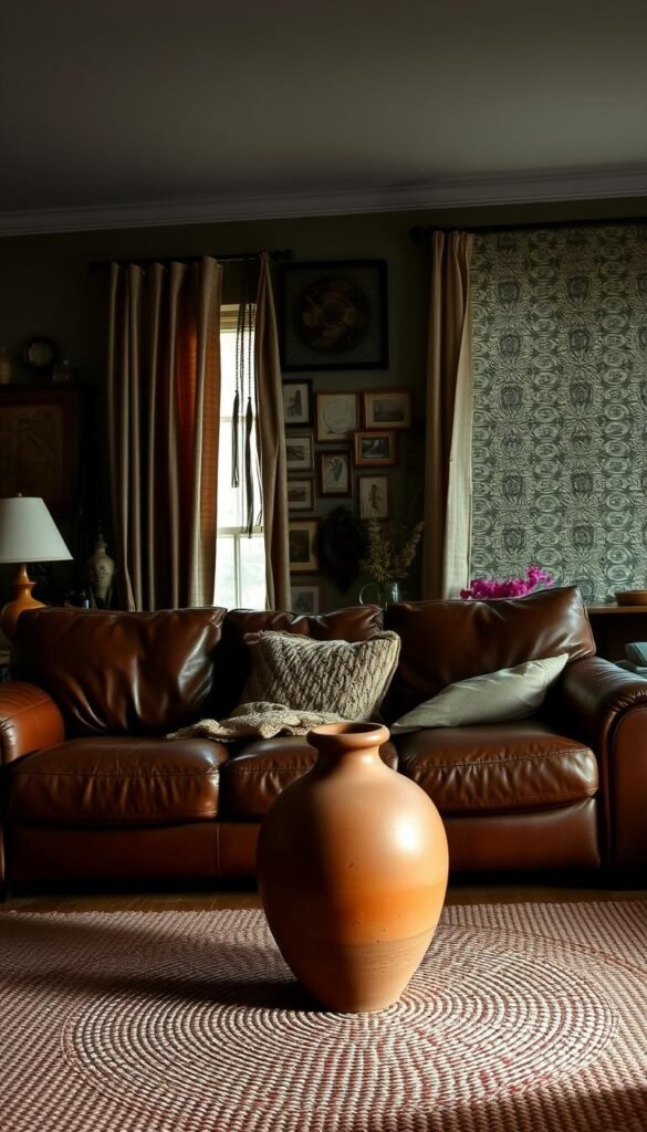 A dimly lit living room with poorly placed earth-toned decor.