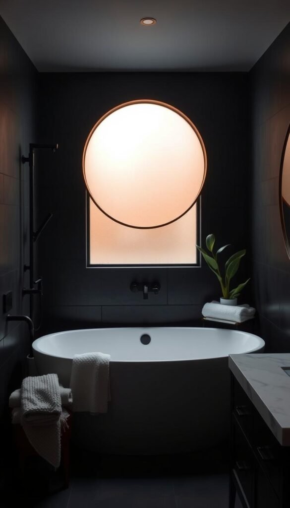 A dimly lit, moody bathroom with a deep soaking tub taking center stage.