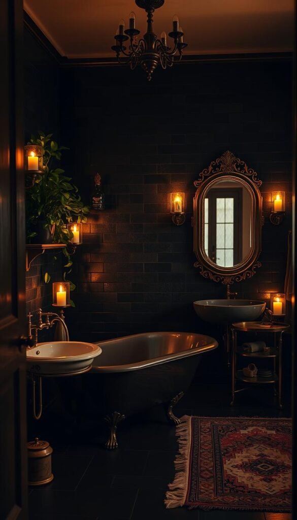 A dimly lit, moody bathroom with warm, bronze fixtures and brass accents.