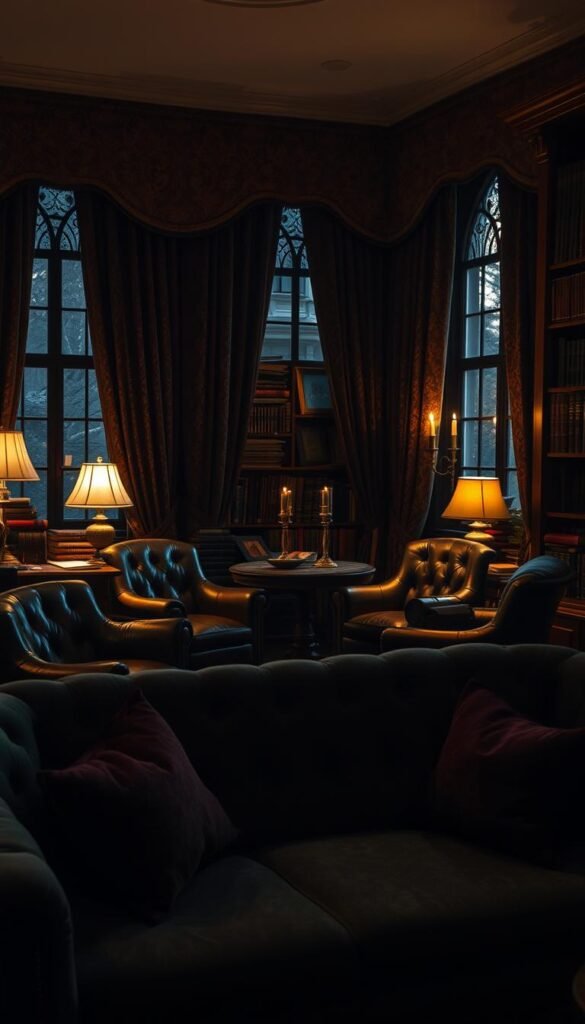 A dimly lit study, enveloped in the warm glow of antique lamps.