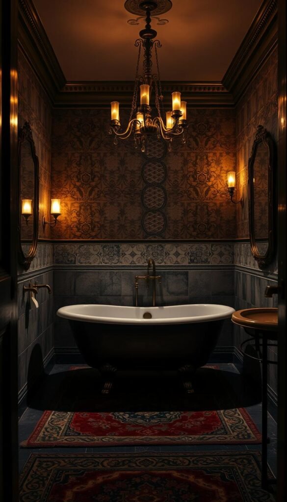 A dimly lit traditional bathroom with moody, atmospheric lighting.