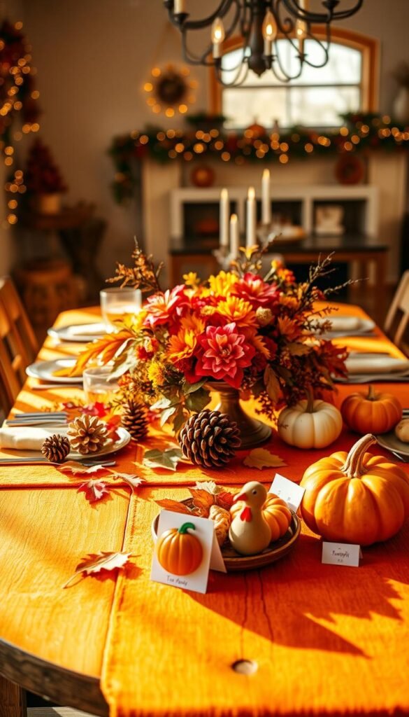 A festive Thanksgiving table setting, bathed in warm, golden light.