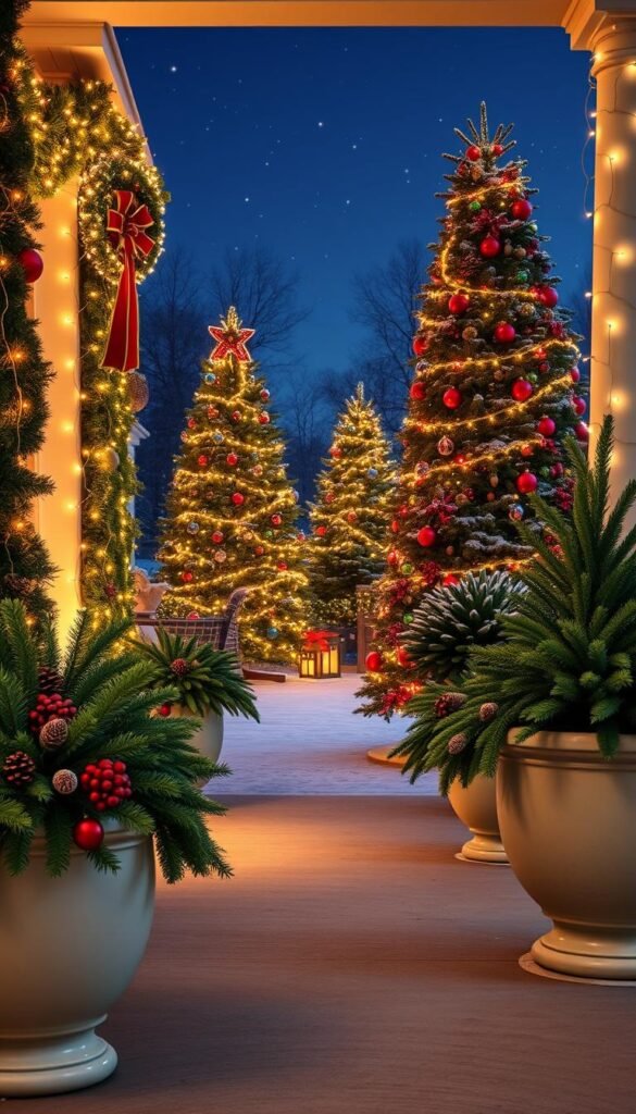 A festive outdoor entryway adorned with twinkling string lights, lush garlands, and a warm glow from the porch. In the foreground, a classic wreath hangs on the front door, its ribbon and ornaments catching the soft light. Scattered around the porch, oversized holiday planters overflow with evergreen boughs, pinecones, and a sprinkling of red berries. The middle ground features a pair of towering Christmas trees, their branches heavily laden with colorful lights that cast a cozy, magical ambiance. In the background, a starry night sky and a dusting of snow on the ground complete the picturesque winter scene, evoking the charm of a quaint holiday homestead.