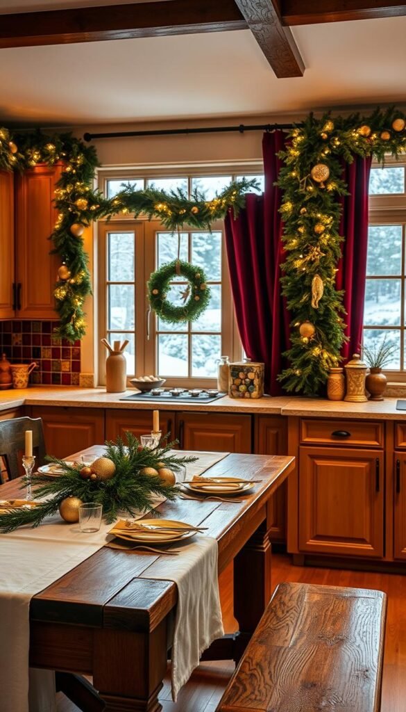 A festively decorated kitchen with a warm, cozy atmosphere.