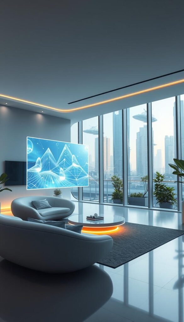 A futuristic living room set in a tranquil, minimalist environment.