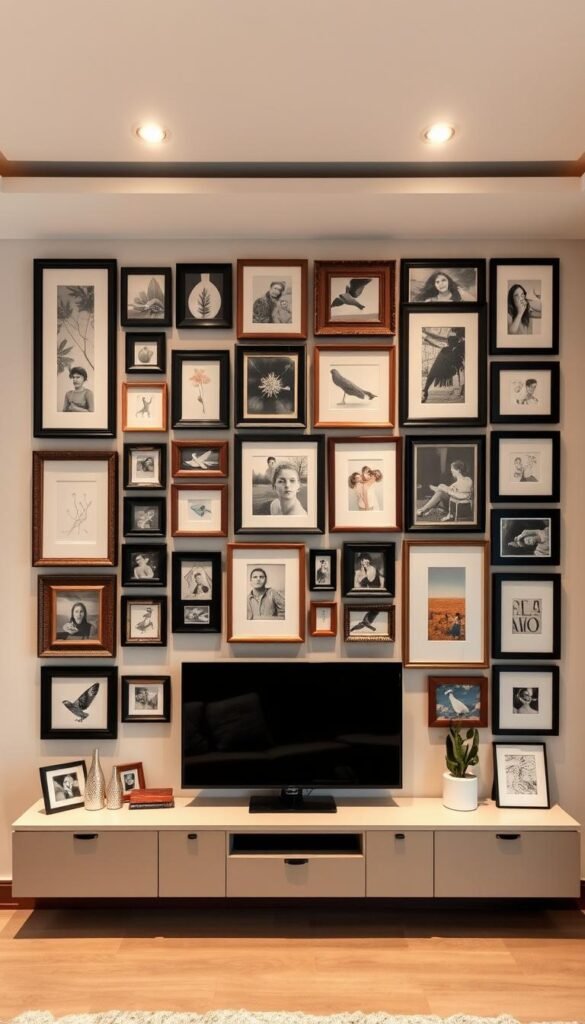A gallery wall filled with an eclectic mix of framed artwork, photographs, and decorative objects surrounds a flat-screen television mounted on a sleek,…