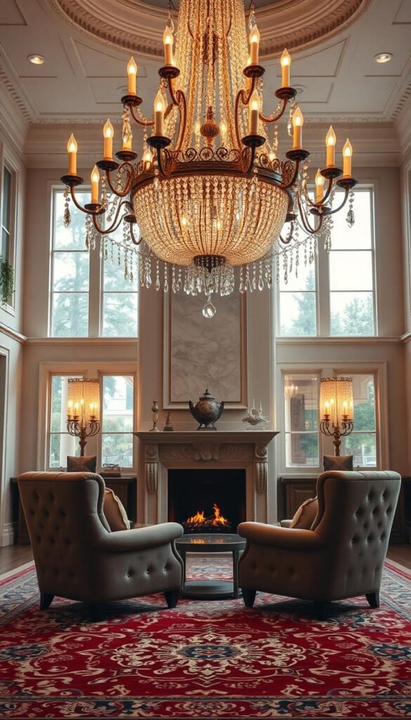 A grand, opulent living room with a towering, ornate chandelier as the centerpiece.