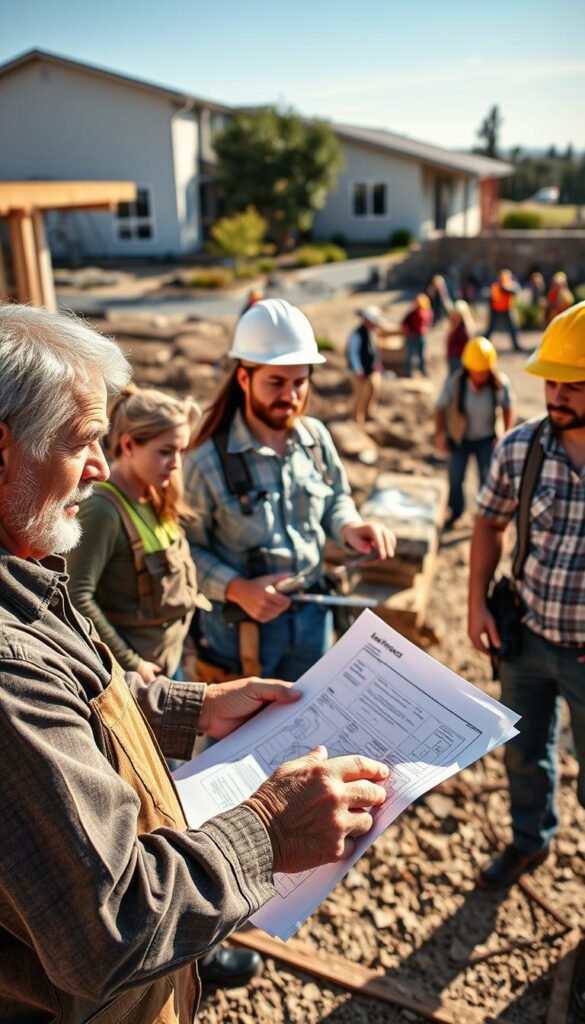 A group of diverse contractors gathered on a construction site, reviewing plans and discussing the upcoming project. In the foreground, a carpenter examines blueprints, his calloused hands and weathered face conveying years of experience. Behind him, an electrician checks wiring, her brow furrowed in concentration. In the middle ground, a mason mixes mortar, the sun casting warm shadows across the scene. In the background, a team of landscapers prepares the site, their tools and equipment neatly organized. The atmosphere is one of collaboration and professionalism, as the skilled tradespeople work together to bring the client's vision to life.