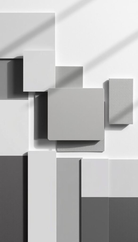 A harmonious arrangement of muted gray tones, showcasing a versatile color palette for a modern, minimalist living room.