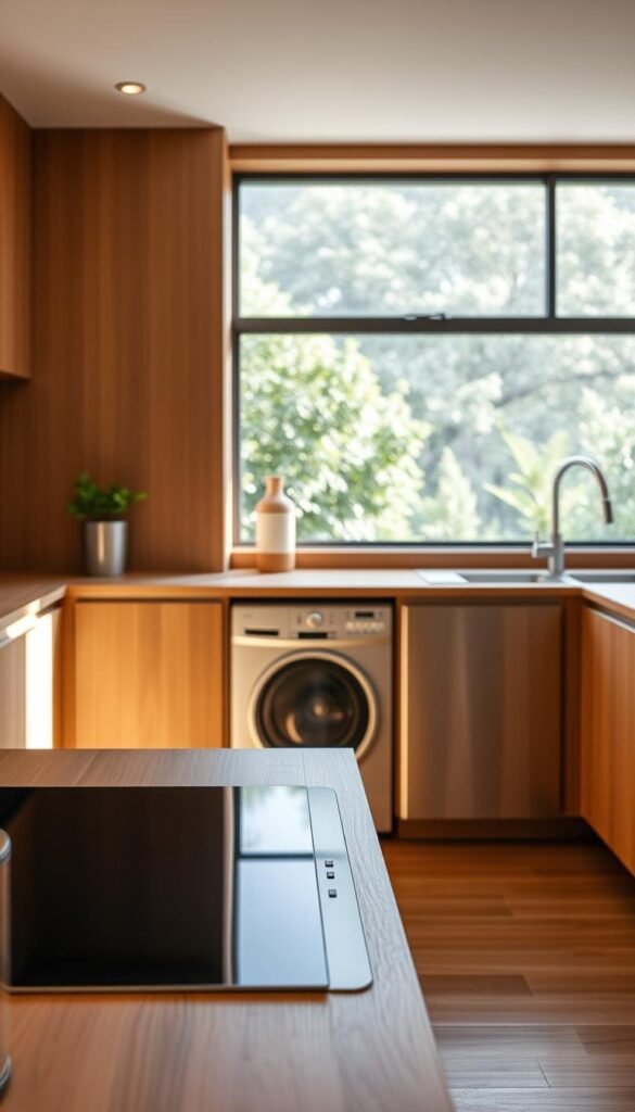 A harmonious kitchen sanctuary with earth-inspired appliances nestled in a natural, minimalist setting. In the foreground, a sleek induction cooktop with a contemporary, brushed metal finish seamlessly blends with the warm, wooden cabinetry. In the middle ground, a compact, energy-efficient dishwasher with a muted, neutral color palette complements the earthy tones. In the background, a large, panoramic window floods the space with soft, natural light, framing a tranquil, plant-filled view. The overall atmosphere evokes a sense of balance, sustainability, and a deep connection to the natural world.