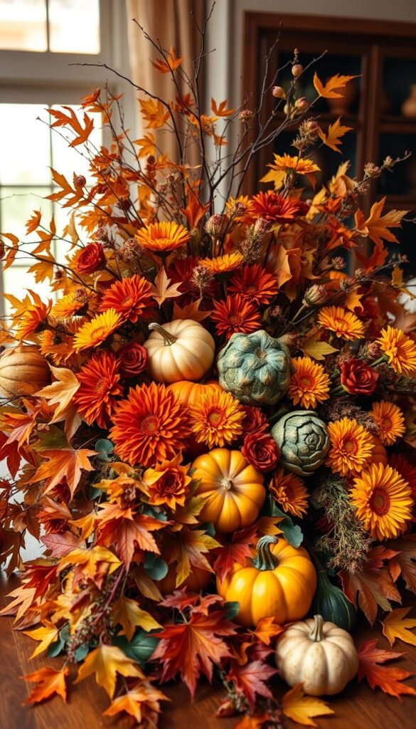 A lavish Thanksgiving table centerpiece, showcasing an abundant arrangement of autumnal foliage, vibrant gourds, and delicate seasonal flowers.