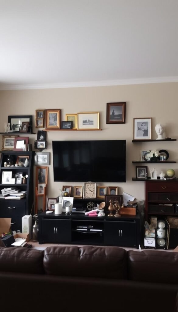 A living room featuring a poorly styled TV wall, with clutter and mismatched decor elements.