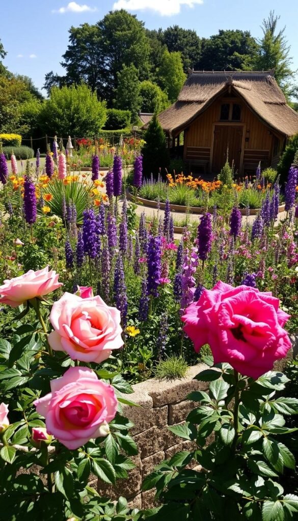 A lush English flower garden on a sun-dappled morning, the flowers in full bloom. In the foreground, a close-up view of neatly pruned rose bushes, their vibrant petals glistening with dew. In the middle ground, a profusion of colorful blooms - foxgloves, lavender, and delphinium - framed by a low stone wall. In the background, a wooden garden shed with a thatched roof, surrounded by a riot of carefully tended perennials. The scene exudes a sense of tranquility and careful cultivation, inviting the viewer to consider the dedication and skill required to maintain such an enchanting display.