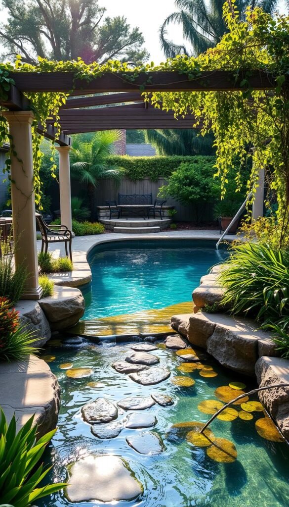 A lush and inviting sustainable backyard oasis, with a sparkling pool surrounded by verdant native plants and natural stone features. The pool's edge is lined with colorful aquatic flora, reflecting the sunlight dancing on the water's surface. A pergola draped in trailing vines provides shaded seating areas, while a dry creek bed winds through the landscape, leading the eye to a serene meditation garden. Warm, diffused lighting illuminates the scene, creating a tranquil and environmentally-conscious outdoor retreat.