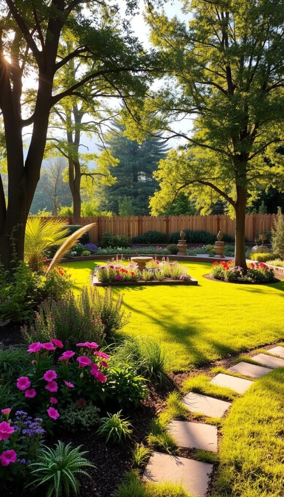 A lush and vibrant backyard landscape, bathed in warm, golden sunlight. In the foreground, a diverse array of thriving plants and flowers, carefully curated to complement the natural setting. Towering trees provide a serene canopy, casting gentle shadows across the well-manicured lawn. A winding stone path leads the eye through the tranquil scene, inviting exploration. The middle ground features a mix of colorful perennials, neatly organized in raised garden beds, their petals dancing in a light breeze. In the background, a picturesque wooden fence frames the serene vista, creating a sense of privacy and enclosure. The overall atmosphere is one of harmonious balance, where nature and design seamlessly intertwine. A lush and vibrant backyard landscape, bathed in warm, golden sunlight. In the foreground, a diverse array of thriving plants and flowers, carefully curated to complement the natural setting. Towering trees provide a serene canopy, casting gentle shadows across the well-manicured lawn. A winding stone path leads the eye through the tranquil scene, inviting exploration. The middle ground features a mix of colorful perennials, neatly organized in raised garden beds, their petals dancing in a light breeze. In the background, a picturesque wooden fence frames the serene vista, creating a sense of privacy and enclosure. The overall atmosphere is one of harmonious balance, where nature and design seamlessly intertwine.