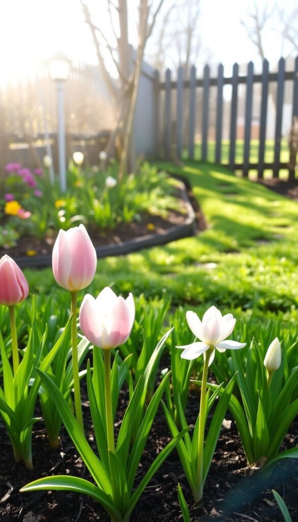 A lush and vibrant early spring garden, bathed in soft, diffused natural lighting. In the foreground, a close-up view of several delicate, freshly bloomed flowers - tulips, daffodils, and crocuses - their petals gently opening to catch the sun's rays. The middle ground showcases a well-tended flowerbed, with neatly trimmed edges and a layer of rich, dark soil. In the background, a picturesque wooden fence partially obscures a verdant, winding path leading deeper into the garden. The overall scene conveys a sense of tranquility, renewal, and the joy of tending to one's early spring flowers.