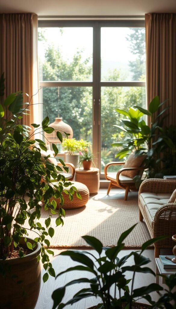 A lush, biophilic living room filled with natural elements.