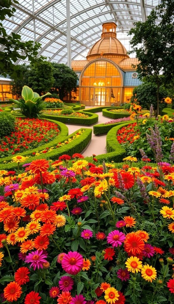 A lush botanical garden display showcasing the vibrant blooms of late summer. In the foreground, a profusion of colorful flowers - zinnias, marigolds, and sunflowers - arranged in an artful composition. The middle ground features neatly pruned hedges and winding pathways, inviting visitors to explore. In the background, a striking glasshouse structure with a warm, golden glow illuminating the scene. Soft, diffused lighting creates a serene, inviting atmosphere, while a wide-angle lens captures the grandeur of this stunning horticultural showcase.