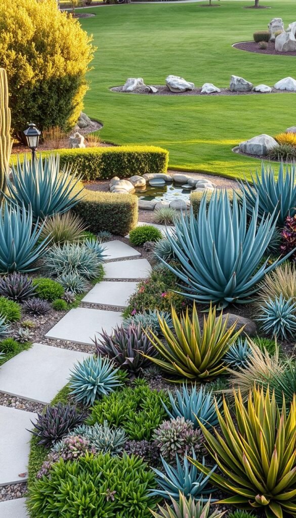 A lush, drought-resistant front yard landscape with a mix of native, low-water plants. In the foreground, a gently curving path winds through a vibrant carpet of succulents and ornamental grasses in shades of green, gray, and purple. Mature, sculptural agave and yucca plants punctuate the scene, their spiked leaves catching the warm, golden light of the late afternoon sun. In the middle ground, a small, neatly trimmed hedge frames a zen-inspired water feature, its gentle bubbling sounds inviting relaxation. The background features a well-manicured lawn with scattered, carefully placed boulders, creating a natural, harmonious composition. The overall mood is serene, sustainable, and visually striking, showcasing a water-wise landscaping solution that is both practical and aesthetically pleasing. A lush, drought-resistant front yard landscape with a mix of native, low-water plants. In the foreground, a gently curving path winds through a vibrant carpet of succulents and ornamental grasses in shades of green, gray, and purple. Mature, sculptural agave and yucca plants punctuate the scene, their spiked leaves catching the warm, golden light of the late afternoon sun. In the middle ground, a small, neatly trimmed hedge frames a zen-inspired water feature, its gentle bubbling sounds inviting relaxation. The background features a well-manicured lawn with scattered, carefully placed boulders, creating a natural, harmonious composition. The overall mood is serene, sustainable, and visually striking, showcasing a water-wise landscaping solution that is both practical and aesthetically pleasing.