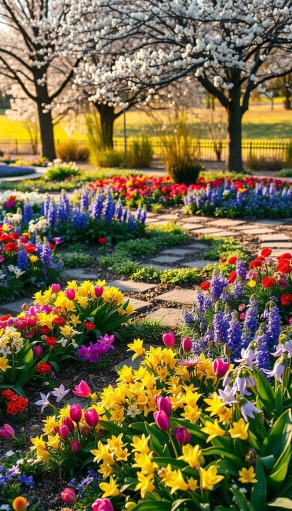 A lush, early spring flower bed in a tranquil garden setting. In the foreground, vibrant clusters of colorful primroses, hellebores, and grape hyacinths create a harmonious tapestry. The middle ground features a mix of low-growing plants like creeping phlox, tiarella, and Epimedium, nestled among gently curving stone paths. In the background, a row of delicate cherry blossom trees provides a soft, dappled canopy, their petals drifting on a warm breeze. The scene is bathed in warm, golden light, creating a serene and inviting atmosphere that captures the essence of early spring's resplendent beauty. A lush, early spring flower bed in a tranquil garden setting. In the foreground, vibrant clusters of colorful primroses, hellebores, and grape hyacinths create a harmonious tapestry. The middle ground features a mix of low-growing plants like creeping phlox, tiarella, and Epimedium, nestled among gently curving stone paths. In the background, a row of delicate cherry blossom trees provides a soft, dappled canopy, their petals drifting on a warm breeze. The scene is bathed in warm, golden light, creating a serene and inviting atmosphere that captures the essence of early spring's resplendent beauty.