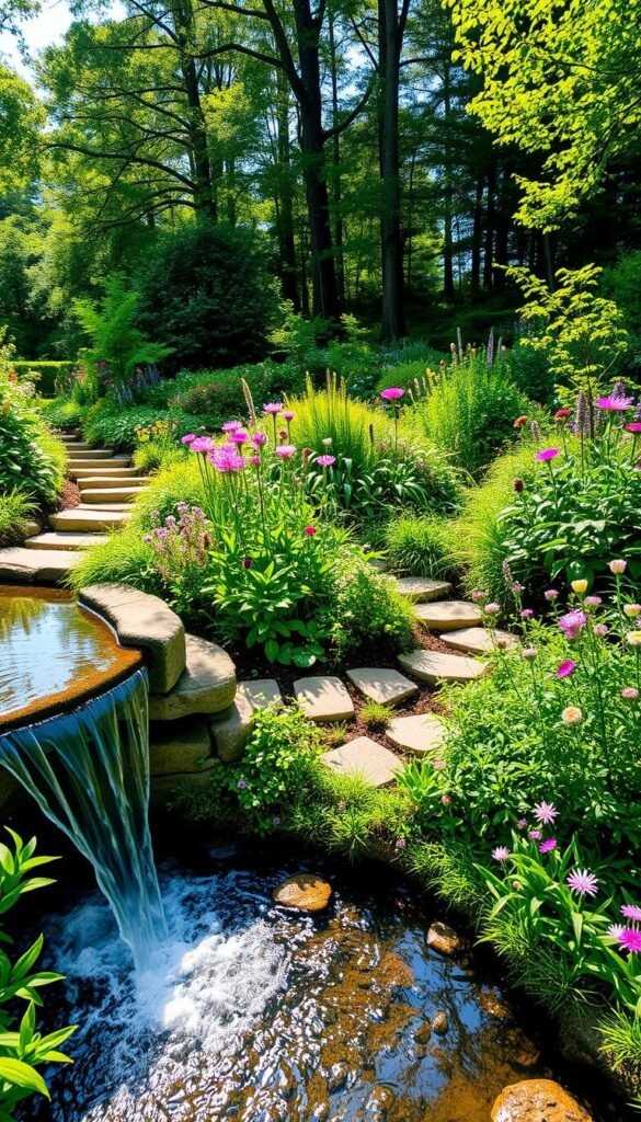 A lush, eco-friendly garden with winding pathways leading through an abundance of vibrant wildflowers and verdant foliage. In the foreground, a tranquil water feature with a gently cascading waterfall reflects the surrounding greenery. The mid-ground showcases a variety of native plants and flowers in a natural, free-flowing arrangement. In the background, dappled sunlight filters through tall trees, creating a serene and inviting atmosphere. The scene is captured with a wide-angle lens, emphasizing the depth and scale of the garden. Overall, the image conveys a sense of harmony between nature and human-designed elements, inviting the viewer to immerse themselves in a sustainable, rejuvenating outdoor space. A lush, eco-friendly garden with winding pathways leading through an abundance of vibrant wildflowers and verdant foliage. In the foreground, a tranquil water feature with a gently cascading waterfall reflects the surrounding greenery. The mid-ground showcases a variety of native plants and flowers in a natural, free-flowing arrangement. In the background, dappled sunlight filters through tall trees, creating a serene and inviting atmosphere. The scene is captured with a wide-angle lens, emphasizing the depth and scale of the garden. Overall, the image conveys a sense of harmony between nature and human-designed elements, inviting the viewer to immerse themselves in a sustainable, rejuvenating outdoor space.