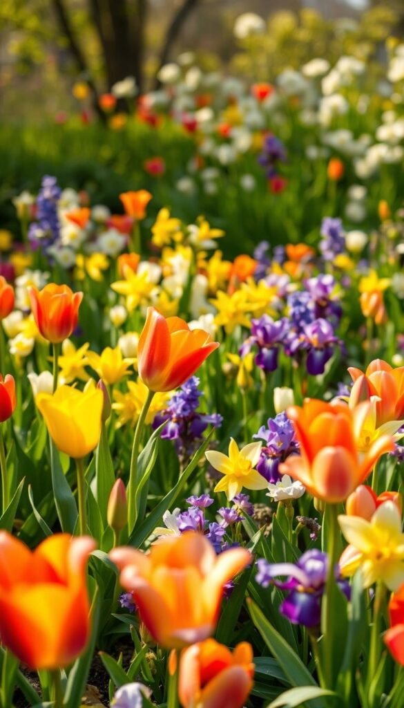 A lush garden bed bursting with vibrant spring flowers. In the foreground, delicate tulips in shades of red, yellow, and purple sway gently in the warm breeze. The middle ground showcases a mix of daffodils, hyacinths, and irises, their petals unfurling towards the sun. In the background, a backdrop of verdant foliage and soft, out-of-focus blossoms creates a sense of depth and tranquility. The lighting is natural and diffused, casting a golden glow over the scene. The camera angle is slightly elevated, allowing the viewer to appreciate the full beauty of the blooming garden.