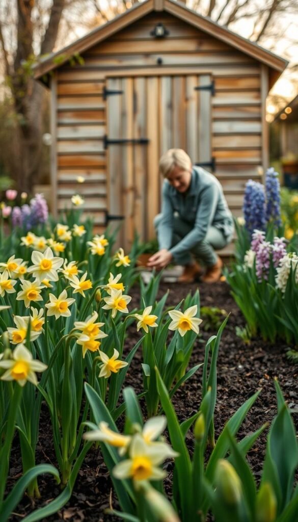 A lush garden in early spring, the air crisp and fresh. In the foreground, vibrant blooms of daffodils, tulips, and hyacinths sway gently in the breeze. Mid-frame, a gardener kneels, tending to the soil, their hands covered in rich, dark earth. In the background, a wooden garden shed stands, its weathered boards a warm contrast to the verdant foliage. Soft, diffused lighting casts a golden glow, highlighting the delicate petals and the gardener's focused expression. The overall scene exudes a sense of tranquility and the promise of new growth, capturing the essence of caring for early spring flowers. A lush garden in early spring, the air crisp and fresh. In the foreground, vibrant blooms of daffodils, tulips, and hyacinths sway gently in the breeze. Mid-frame, a gardener kneels, tending to the soil, their hands covered in rich, dark earth. In the background, a wooden garden shed stands, its weathered boards a warm contrast to the verdant foliage. Soft, diffused lighting casts a golden glow, highlighting the delicate petals and the gardener's focused expression. The overall scene exudes a sense of tranquility and the promise of new growth, capturing the essence of caring for early spring flowers.