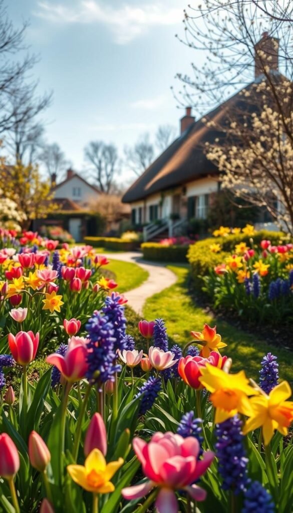 A lush garden landscape bathed in soft, early spring sunlight. In the foreground, a vibrant array of blooming flowers - tulips, daffodils, and hyacinths in a harmonious mix of colors, their petals gently swaying in a light breeze. The middle ground reveals a well-manicured path winding through the garden, bordered by neatly trimmed hedges. In the background, a picturesque country cottage with a thatched roof serves as a charming focal point, surrounded by budding trees and a clear, azure sky. The overall scene exudes a sense of tranquility and natural beauty, capturing the essence of the "best early spring flowers" in a captivating garden setting.