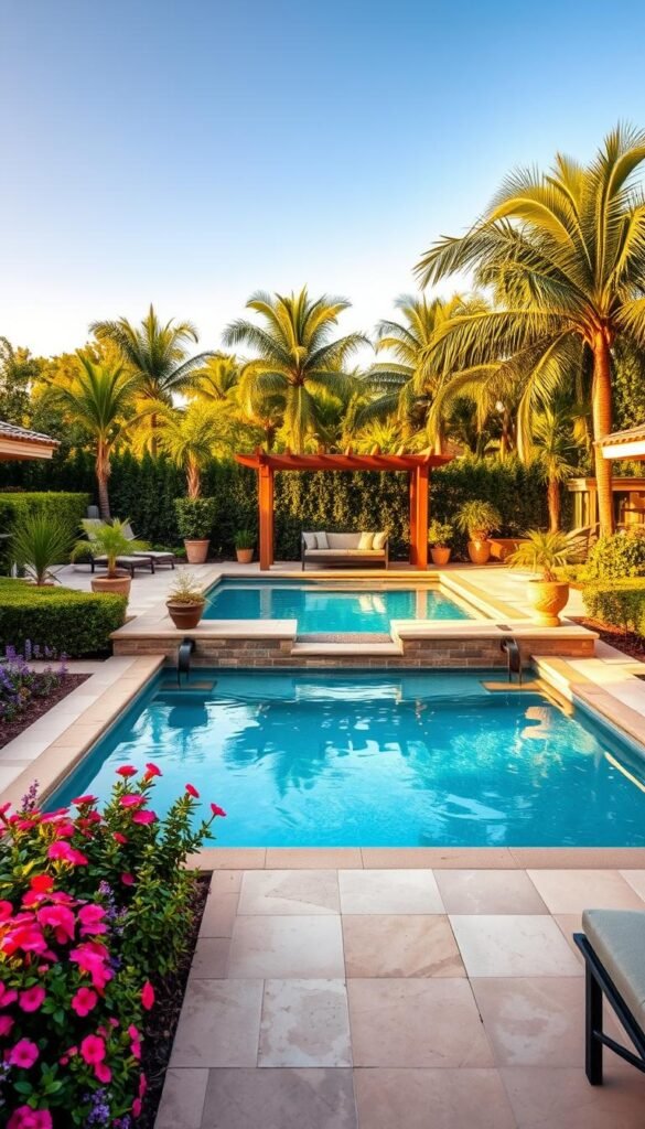 A lush garden oasis surrounds a sparkling in-ground pool, with a well-designed patio and seating area. Warm natural lighting casts a soft glow over the scene, highlighting the carefully curated landscaping elements. In the foreground, a mix of vibrant flowers, neatly trimmed hedges, and smooth paving stones create a visually appealing and inviting space. The middle ground features a large, rectangular pool with crystal-clear water, flanked by strategically placed potted plants and a wooden pergola. In the background, a row of tall, swaying palm trees frames the image, suggesting a peaceful, tropical atmosphere. The overall composition conveys a sense of balance, relaxation, and careful consideration of the budgeting required for such a well-executed pool landscaping project.
