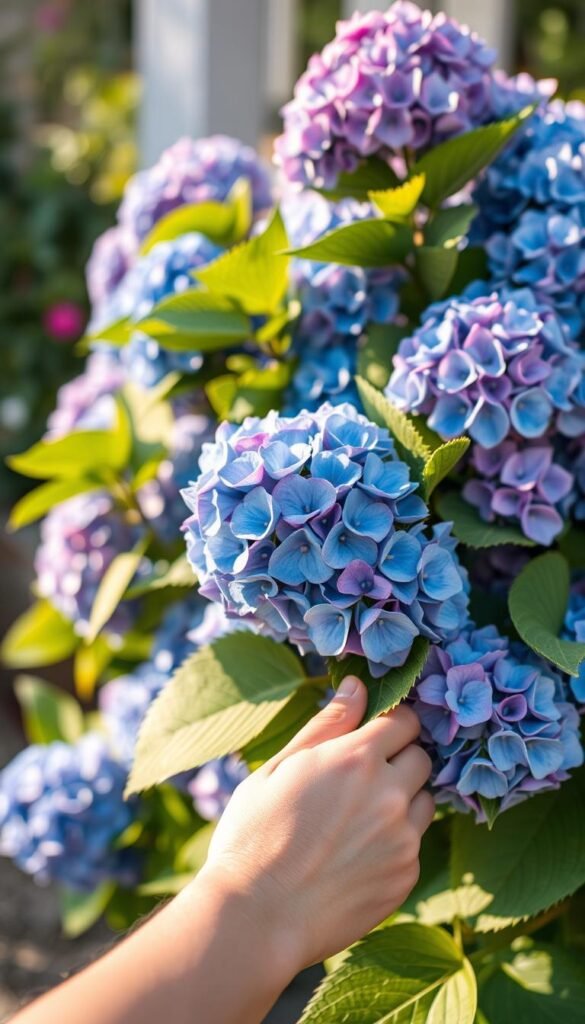 A lush hydrangea bush, its vibrant blue and pink blooms contrasted against a soft, blurred background. In the foreground, a gardener's hand carefully inspects the leaves, searching for signs of pests. The lighting is warm and natural, casting gentle shadows that highlight the intricate textures of the plant. The scene conveys a sense of attentive care and diligence, as the gardener takes proactive steps to maintain the health and beauty of this beloved flowering shrub.
