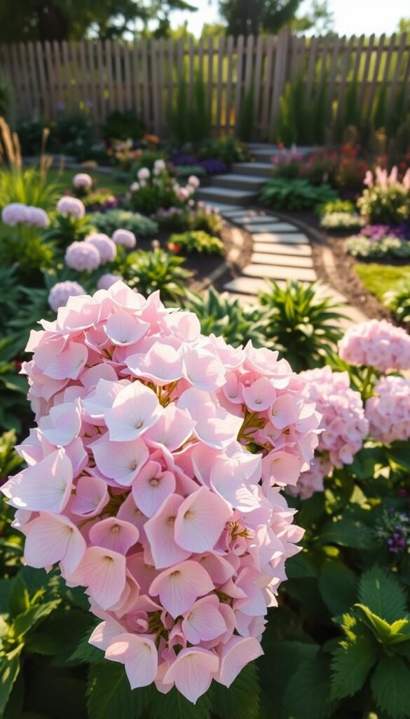 A lush hydrangea garden in a warm afternoon light, showcasing a variety of colorful blooms. In the foreground, a cluster of soft pink and lavender hydrangeas, their petals gently swaying in a light breeze. In the middle ground, a mix of companion plants like ferns, hostas, and colorful perennials create a harmonious palette. The background features a stone pathway winding through the garden, with a picturesque wooden fence providing a natural backdrop. The scene is bathed in a warm, golden glow, evoking a sense of tranquility and natural beauty. Captured with a wide-angle lens to emphasize the depth and scale of the landscaping.