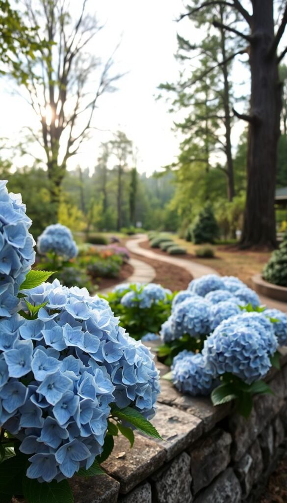 A lush hydrangea garden in early spring, with clusters of pale blue and lavender blooms cascading over a low stone wall. The foreground features a close-up view of the delicate petals, backlit by soft, diffused sunlight filtering through wispy clouds. In the middle ground, a meandering path leads the eye to a curated selection of hydrangea varieties, their leaves glistening with morning dew. The background reveals a tranquil woodland scene, with towering trees providing a natural, verdant backdrop. The overall mood is one of serene beauty, inviting the viewer to immerse themselves in the captivating world of hydrangea landscaping.
