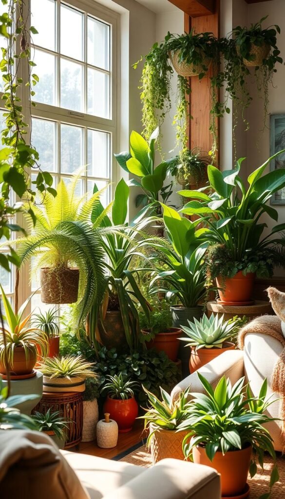 A lush, indoor oasis of thriving potted plants, delicately lit by soft, natural sunlight streaming through large windows.
